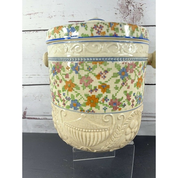 Vintage Ceramic Biscuit Cookie Cracker Jar Barre Cross Stich Pattern No Handle - Picture 3 of 12